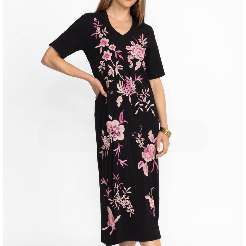 Johnny Was MP black embroidered Rosalyn Traplunto  V-neck knit dress